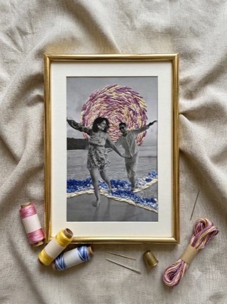 Hand-embroidered couple beach portrait keepsake