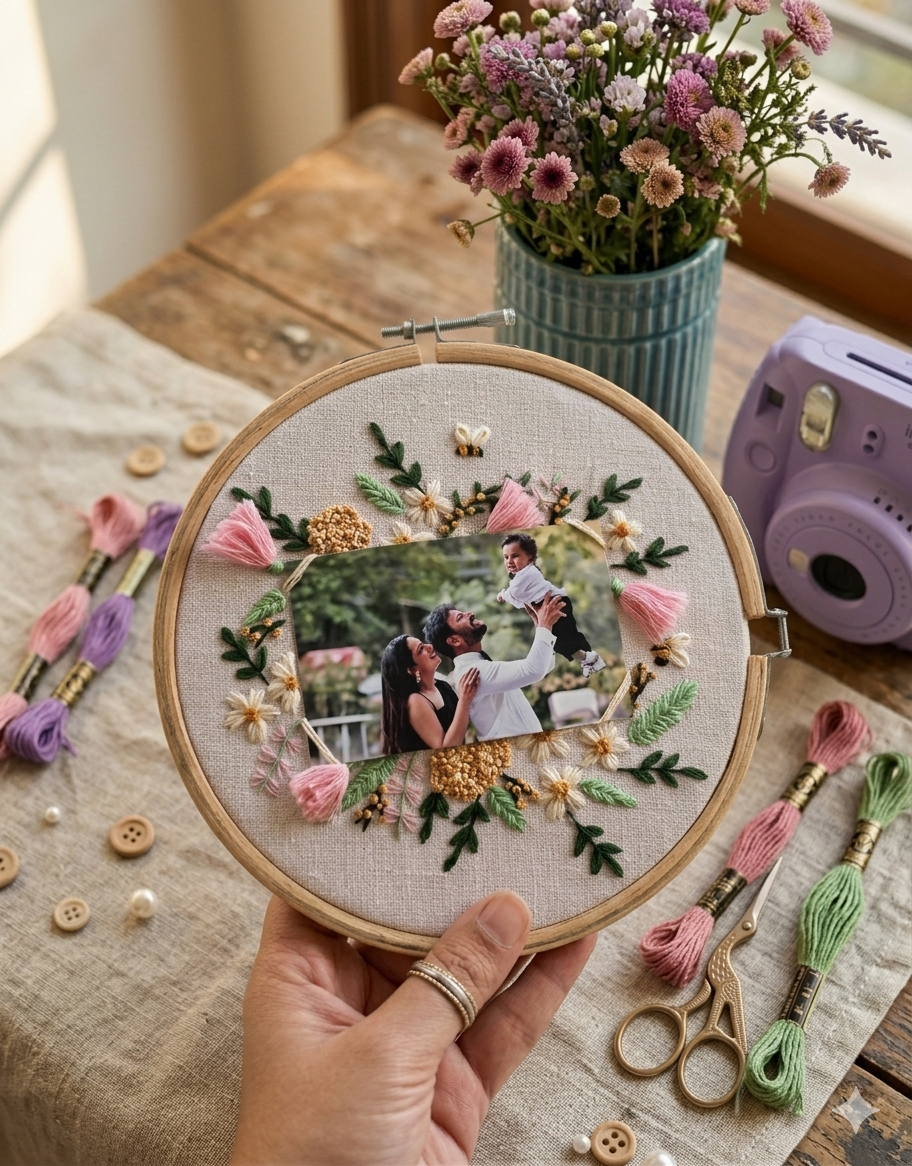 Hand-embroidered family portrait keepsake