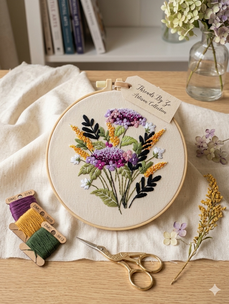 Custom hand-embroidered floral bouquet keepsake art