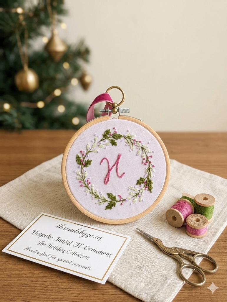 Custom hand-embroidered floral initial wreath