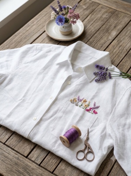 Custom floral hand-embroidery on linen shirt pocket